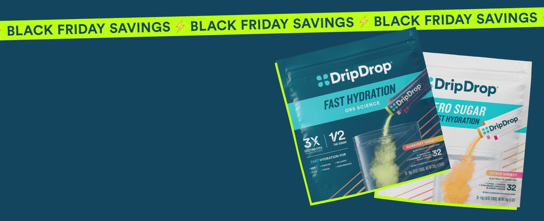 Two DripDrop products on a blue background with 'Black Friday Savings' text.