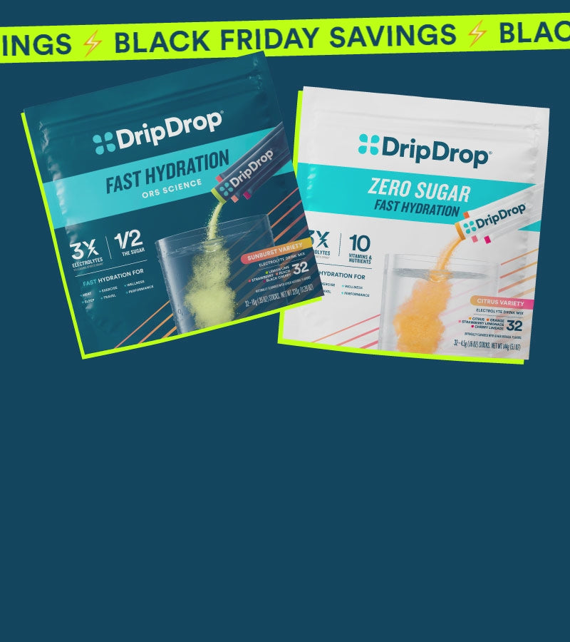 Two DripDrop products on a blue background with 'Black Friday Savings' text.